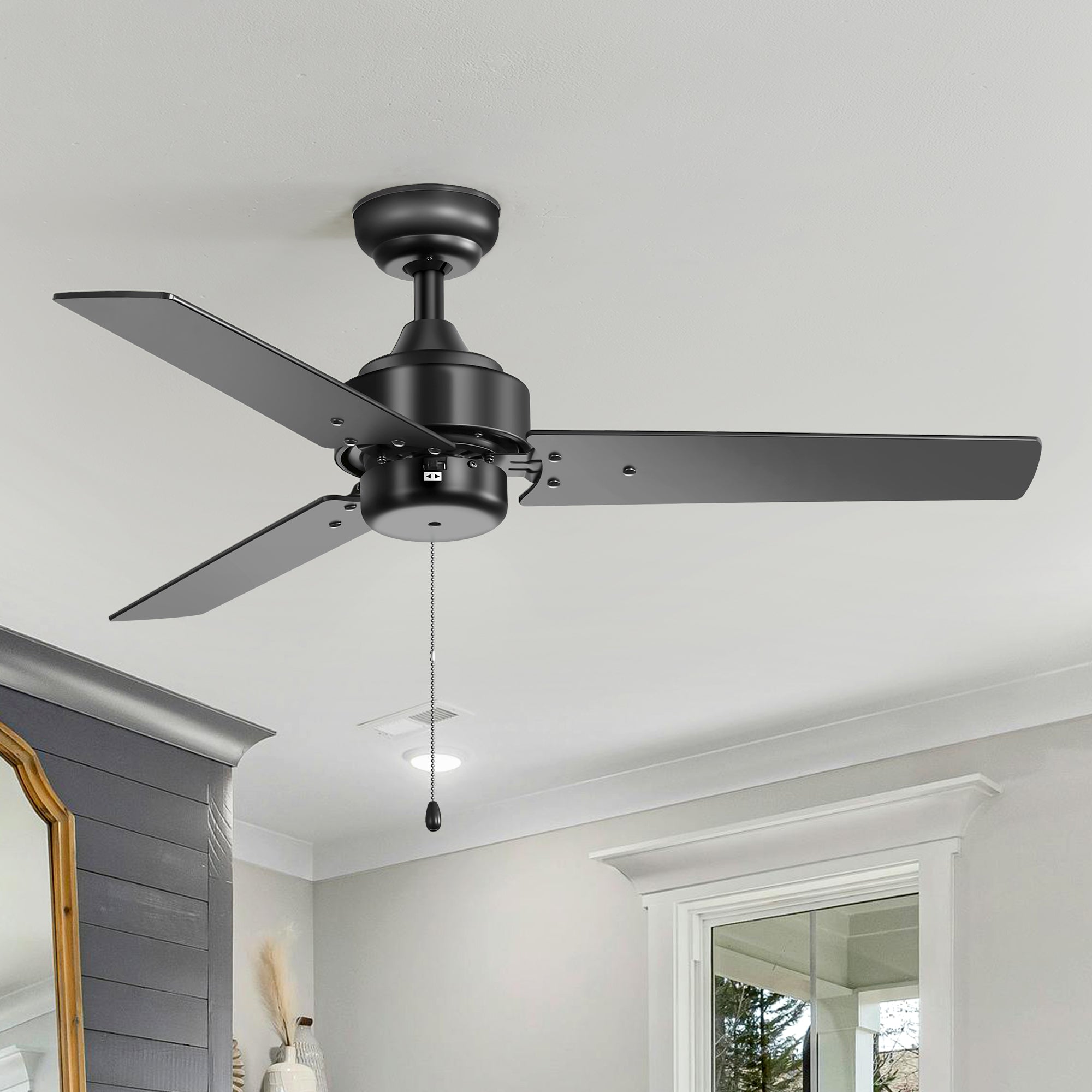Vesora black three blade ceiling fan without light and with pull chain