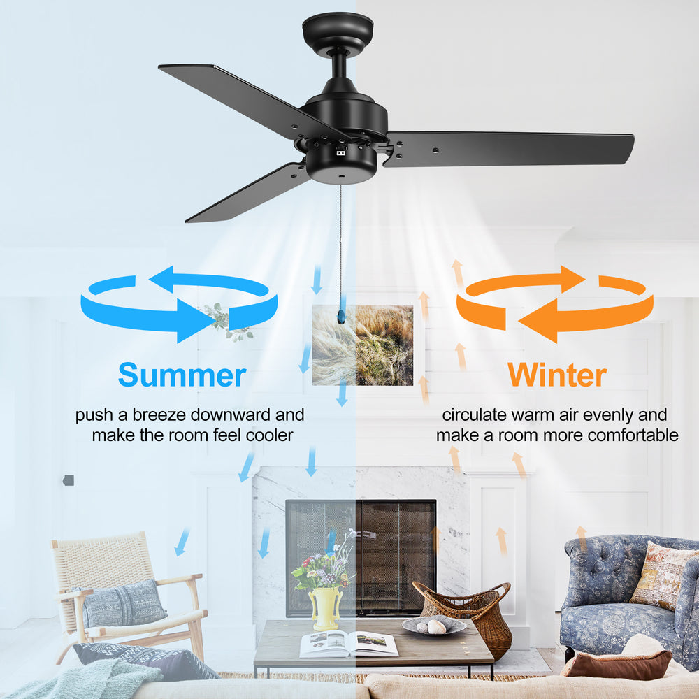52 Inch 3-Blade Black/White 3-Speed Ceiling Fan with Pull Chain without Light