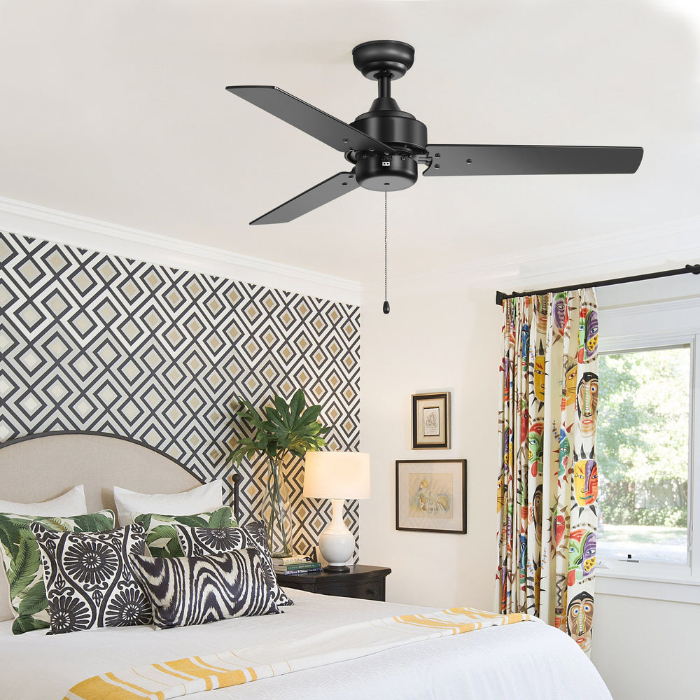 52 Inch 3-Blade Black/White 3-Speed Ceiling Fan with Pull Chain without Light