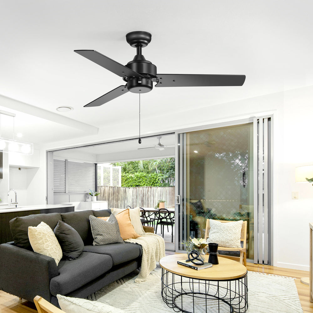 52 Inch 3-Blade Black/White 3-Speed Ceiling Fan with Pull Chain without Light