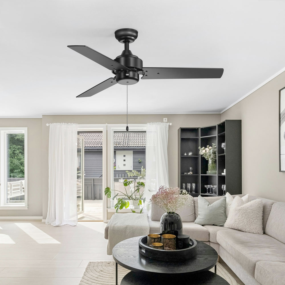 52 Inch 3-Blade Black/White 3-Speed Ceiling Fan with Pull Chain without Light