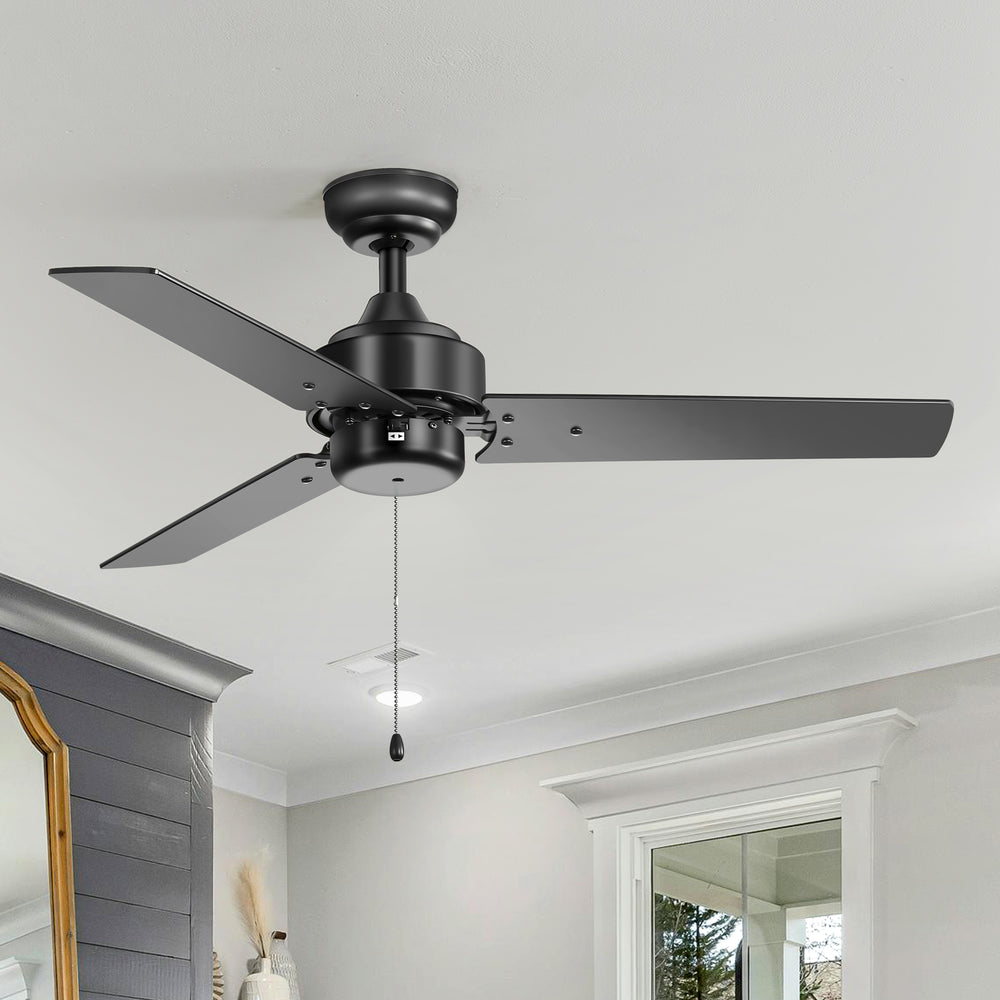52 Inch 3-Blade Black/White 3-Speed Ceiling Fan with Pull Chain without Light