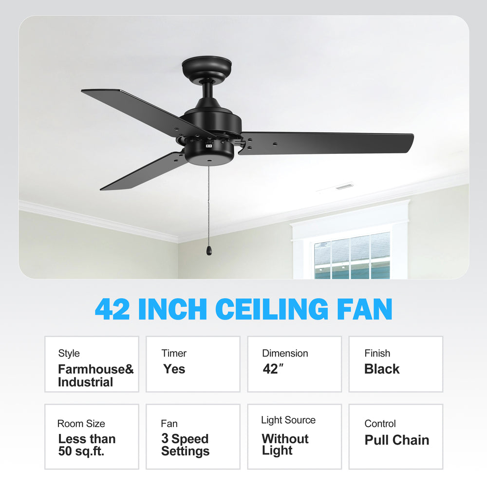 52 Inch 3-Blade Black/White 3-Speed Ceiling Fan with Pull Chain without Light