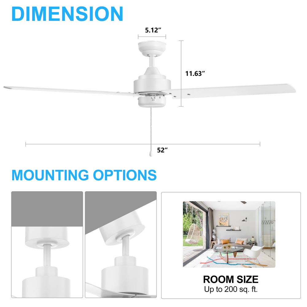 52 Inch 3-Blade Black/White 3-Speed Ceiling Fan with Pull Chain without Light
