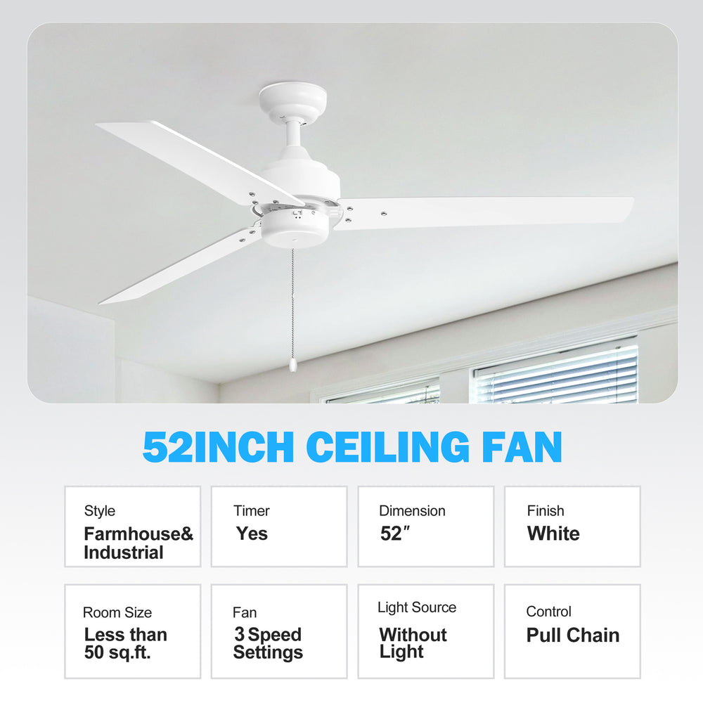 52 Inch 3-Blade Black/White 3-Speed Ceiling Fan with Pull Chain without Light