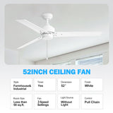 52 Inch 3-Blade Black/White 3-Speed Ceiling Fan with Pull Chain without Light
