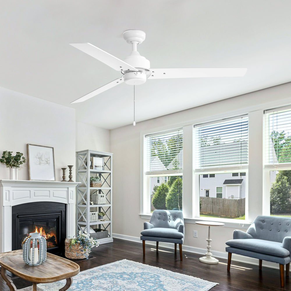 52 Inch 3-Blade Black/White 3-Speed Ceiling Fan with Pull Chain without Light