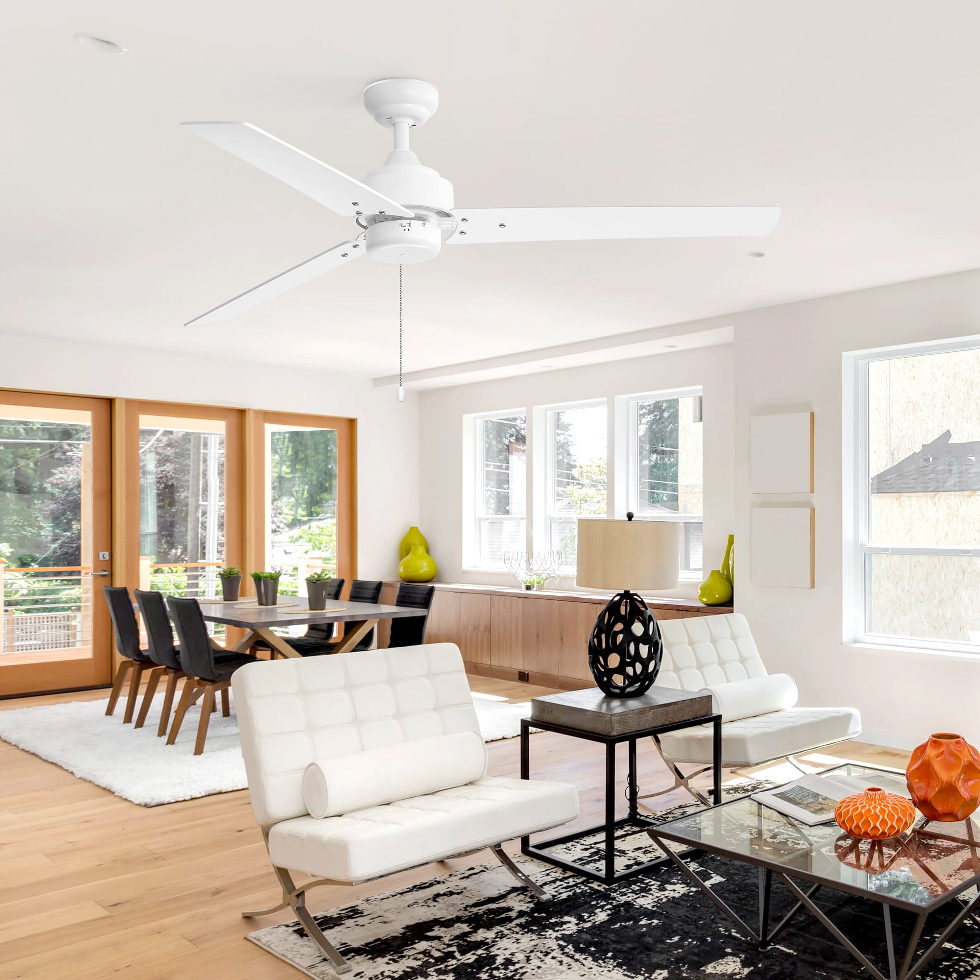 Vesora 52 inch white three blade ceiling fan without light and with pull chain installed in a living room