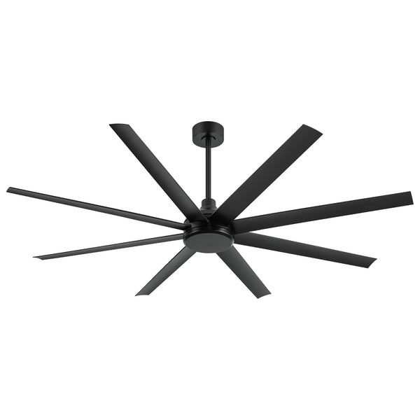 A matte black 8-blade ceiling fan with a modern minimalist design, shown against a solid white background.