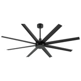 A matte black 8-blade ceiling fan with a modern minimalist design, shown against a solid white background.