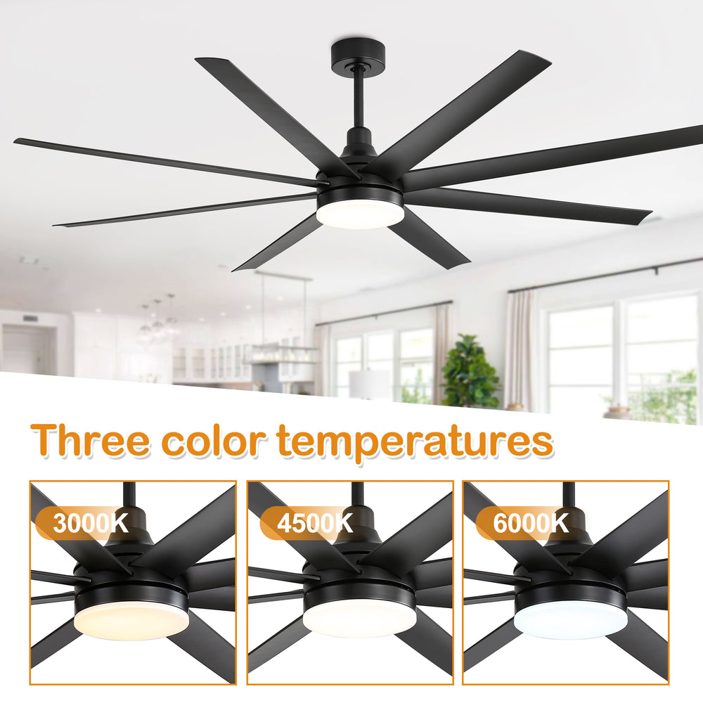 72-Inch Industrial Ceiling Fan with Lights and Remote, 8 ABS Blades, Quiet Reversible DC Motor, 6-Speed, Timer Function, 3 Color LED Light Chandelier