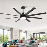 AeroSpan Lux 72-inch large black 8-blade ceiling fan with LED light installed in a modern living room