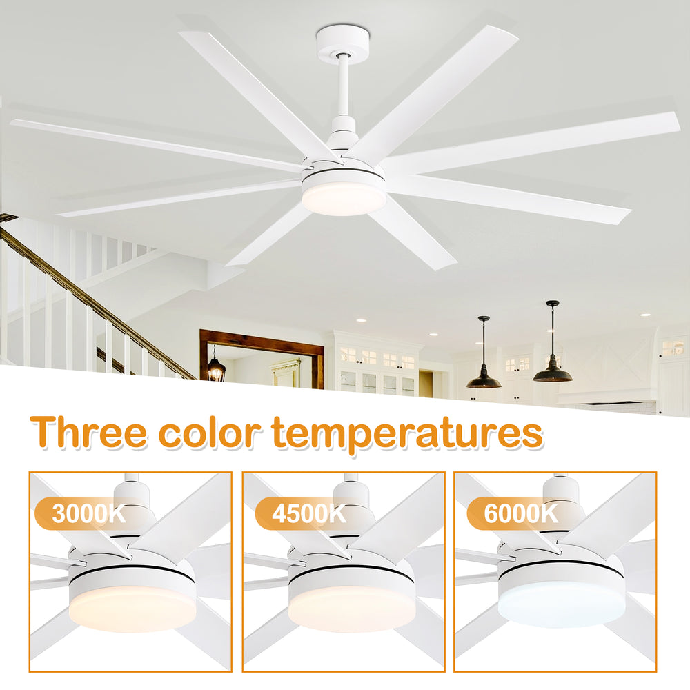 72-Inch Industrial Ceiling Fan with Lights and Remote, 8 ABS Blades, Quiet Reversible DC Motor, 6-Speed, Timer Function, 3 Color LED Light Chandelier