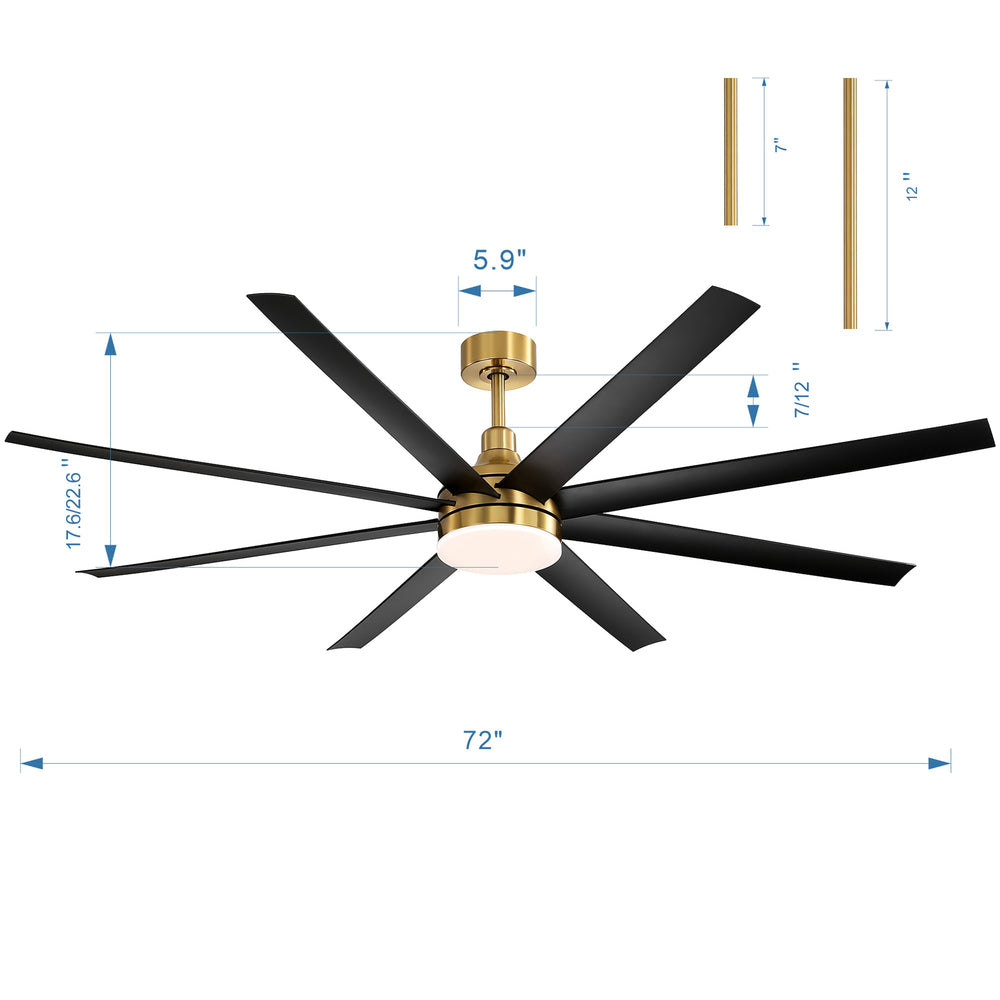 72-Inch Industrial Ceiling Fan with Lights and Remote, 8 ABS Blades, Quiet Reversible DC Motor, 6-Speed, Timer Function, 3 Color LED Light Chandelier