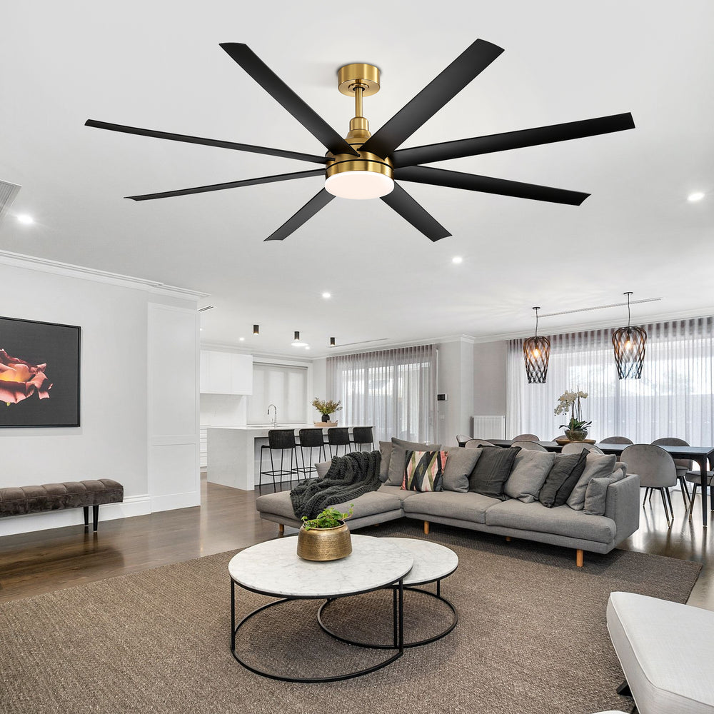 72-Inch Industrial Ceiling Fan with Lights and Remote, 8 ABS Blades, Quiet Reversible DC Motor, 6-Speed, Timer Function, 3 Color LED Light Chandelier