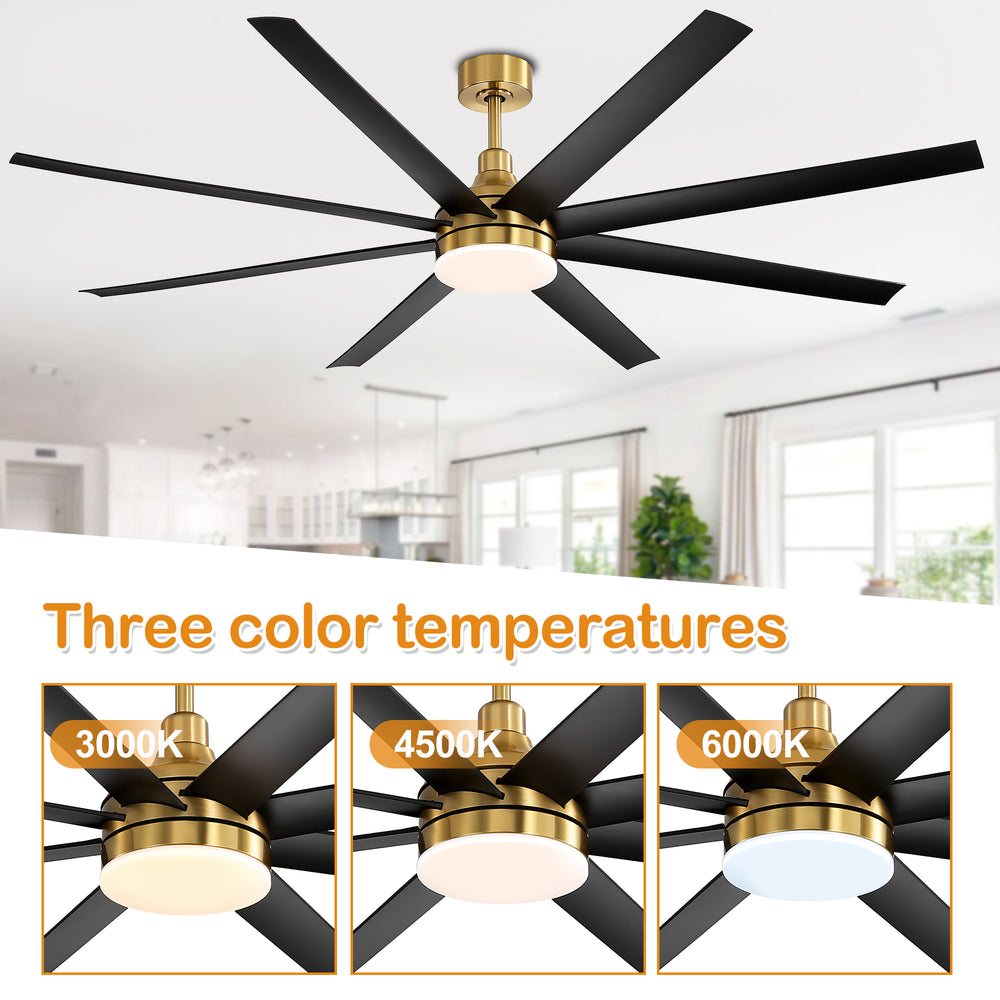 72-Inch Industrial Ceiling Fan with Lights and Remote, 8 ABS Blades, Quiet Reversible DC Motor, 6-Speed, Timer Function, 3 Color LED Light Chandelier