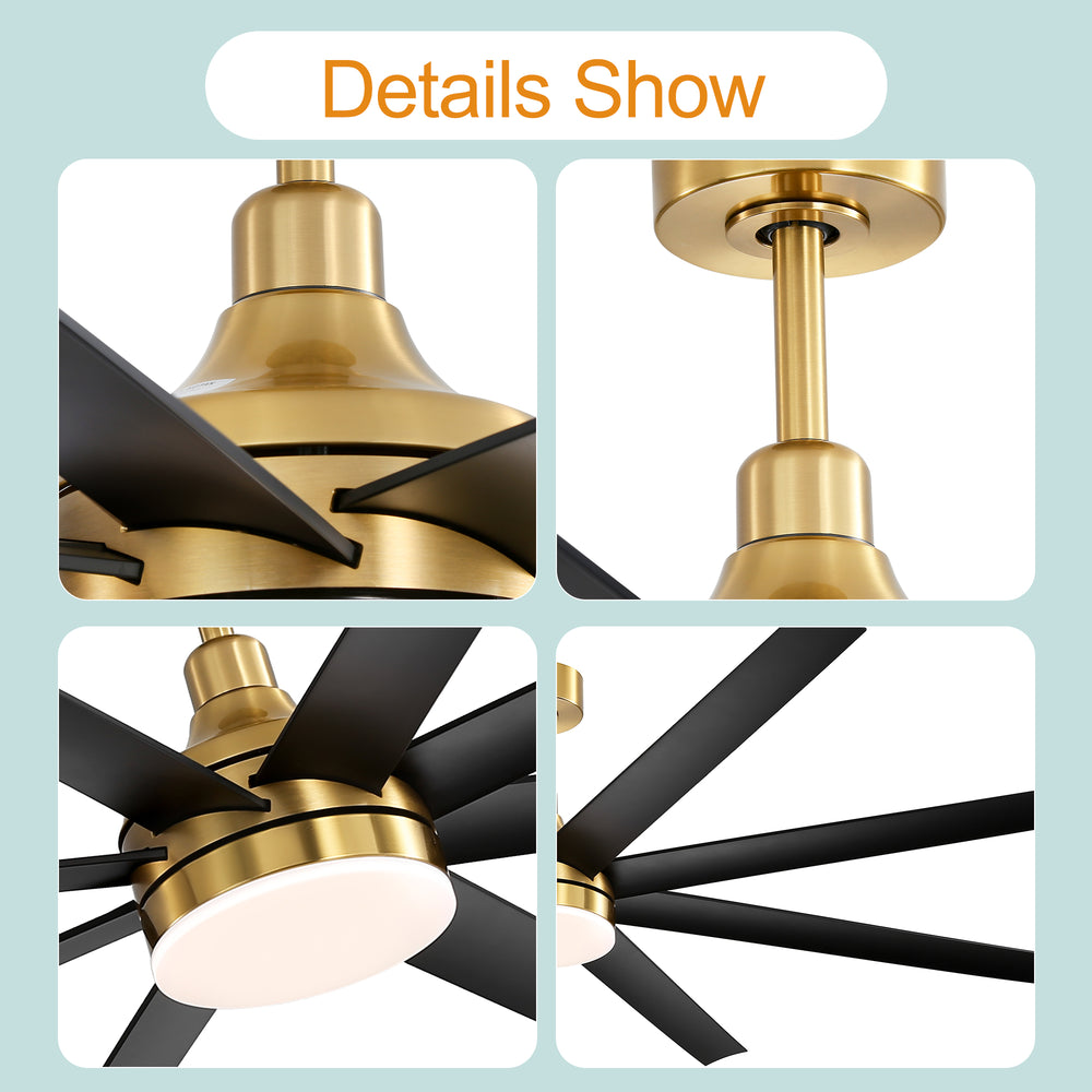 72-Inch Industrial Ceiling Fan with Lights and Remote, 8 ABS Blades, Quiet Reversible DC Motor, 6-Speed, Timer Function, 3 Color LED Light Chandelier