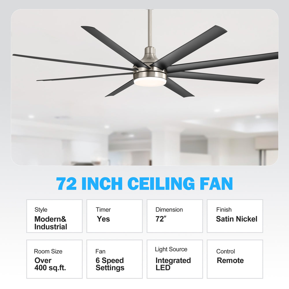 72-Inch Industrial Ceiling Fan with Lights and Remote, 8 ABS Blades, Quiet Reversible DC Motor, 6-Speed, Timer Function, 3 Color LED Light Chandelier
