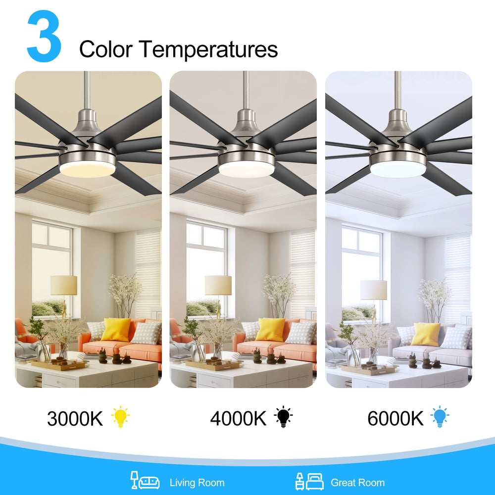 72-Inch Industrial Ceiling Fan with Lights and Remote, 8 ABS Blades, Quiet Reversible DC Motor, 6-Speed, Timer Function, 3 Color LED Light Chandelier