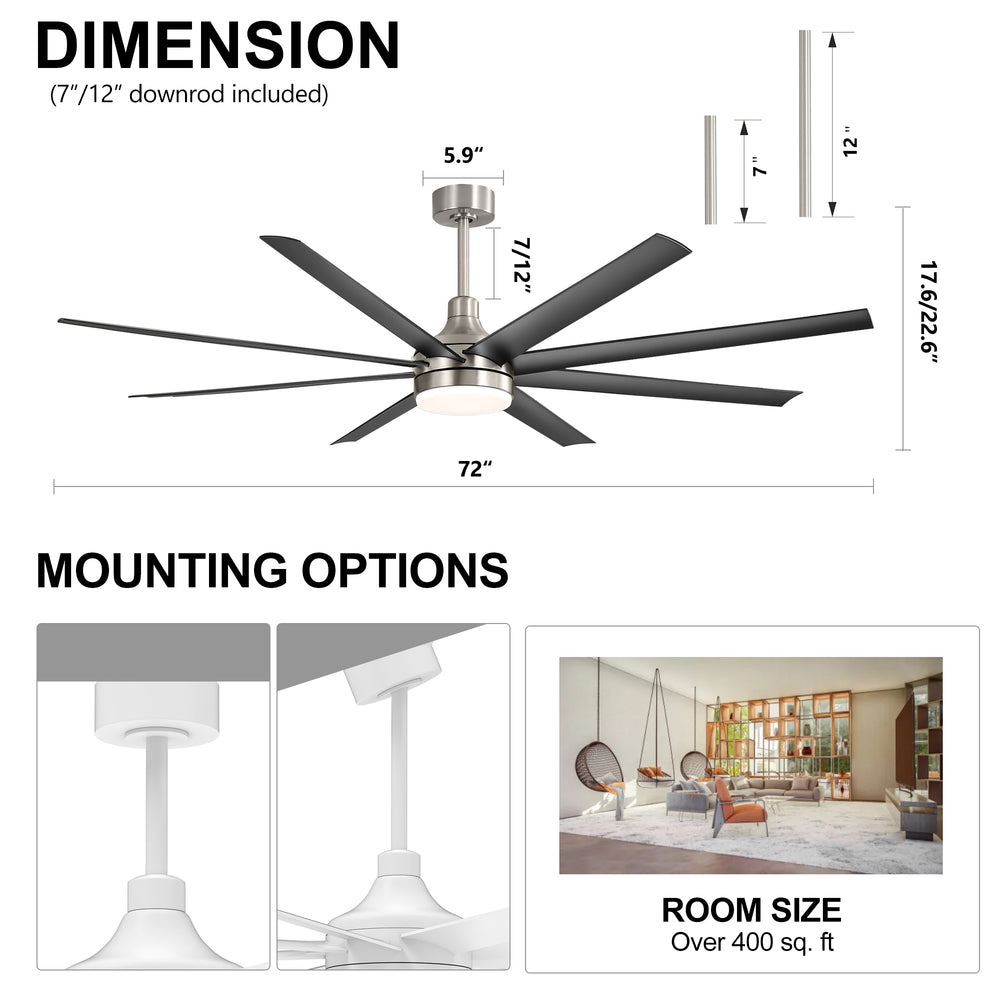 72-Inch Industrial Ceiling Fan with Lights and Remote, 8 ABS Blades, Quiet Reversible DC Motor, 6-Speed, Timer Function, 3 Color LED Light Chandelier