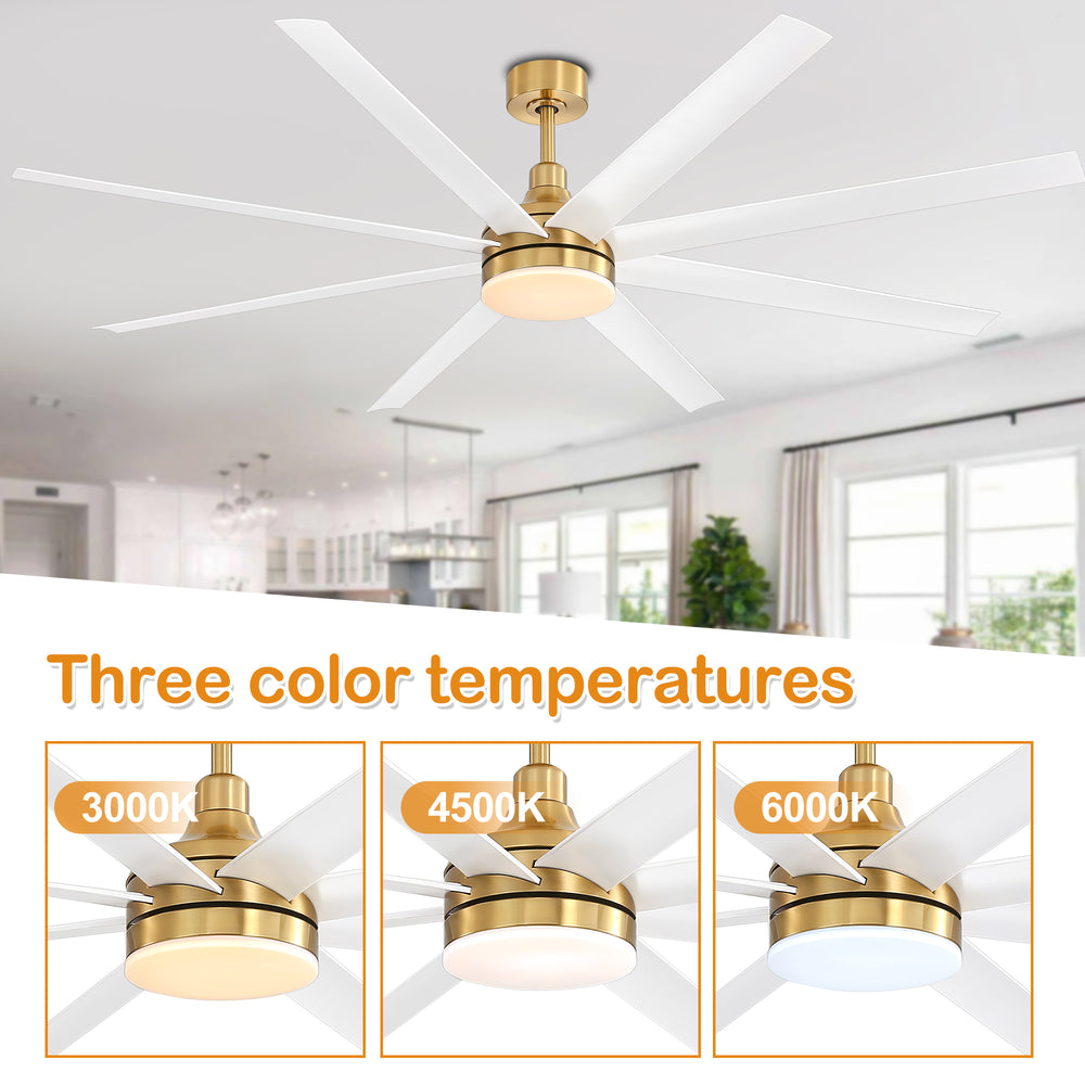 72-Inch Industrial Ceiling Fan with Lights and Remote, 8 ABS Blades, Quiet Reversible DC Motor, 6-Speed, Timer Function, 3 Color LED Light Chandelier