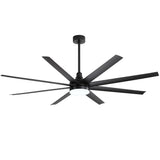 AeroSpan Lux 72-inch large black 8-blade ceiling fan with integrated LED light on white background