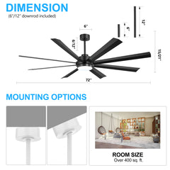 72 Inch 8-Blade Integrated  LED Large Ceiling Fan with Light Remote,6in and 12in Downrod Included