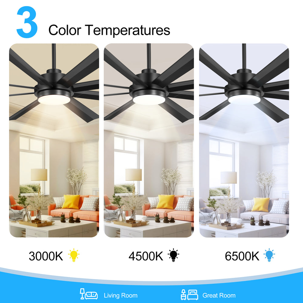 72 Inch 8-Blade Integrated  LED Large Ceiling Fan with Light Remote,6" and 12" Downrod Included