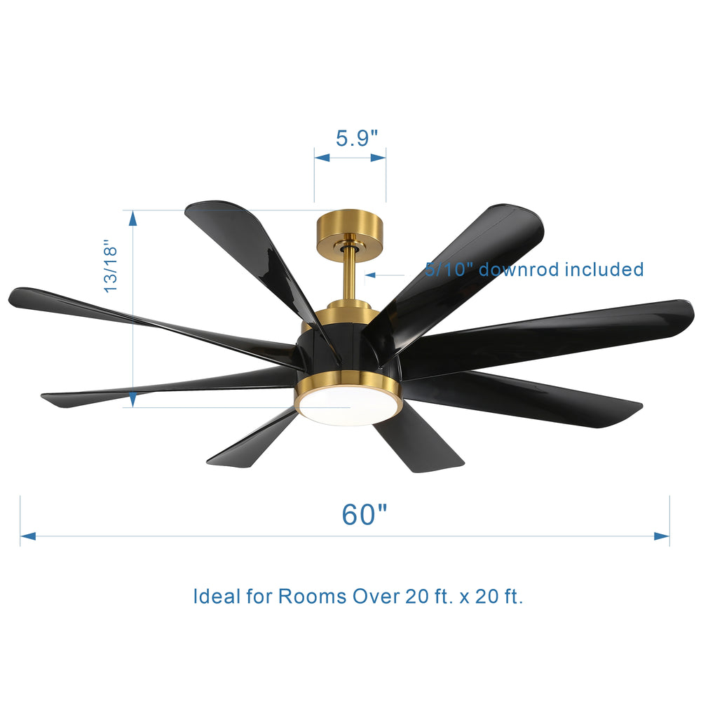 60 Inch Ceiling Fans with Lights and Remote, 8-Blade Industrial Ceiling Fan with Reversible DC Motor, 6-Speed, Downrod Mount LED Ceiling Light Chandelier for Bedroom