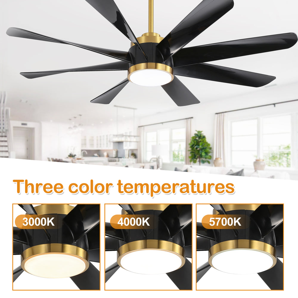 60 Inch Ceiling Fans with Lights and Remote, 8-Blade Industrial Ceiling Fan with Reversible DC Motor, 6-Speed, Downrod Mount LED Ceiling Light Chandelier for Bedroom