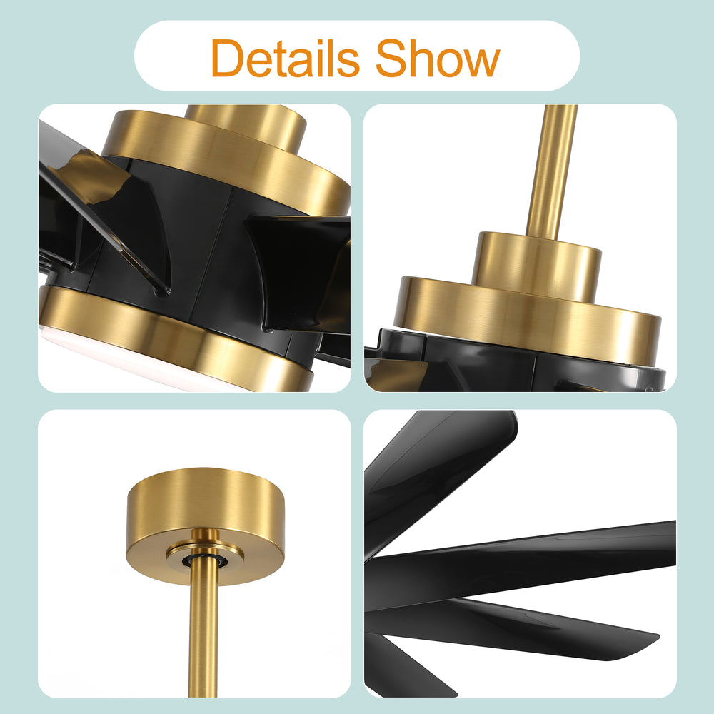 60 Inch Ceiling Fans with Lights and Remote, 8-Blade Industrial Ceiling Fan with Reversible DC Motor, 6-Speed, Downrod Mount LED Ceiling Light Chandelier for Bedroom