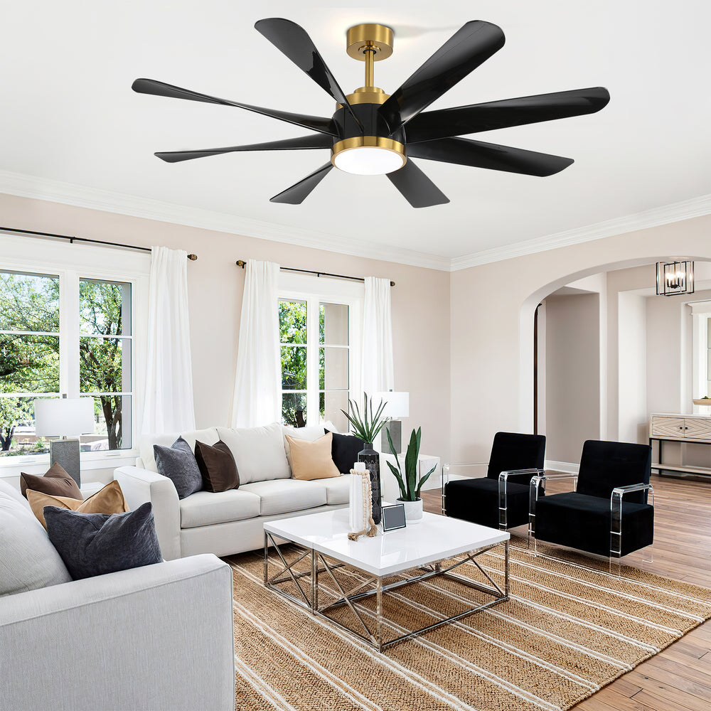 60 Inch Ceiling Fans with Lights and Remote, 8-Blade Industrial Ceiling Fan with Reversible DC Motor, 6-Speed, Downrod Mount LED Ceiling Light Chandelier for Bedroom