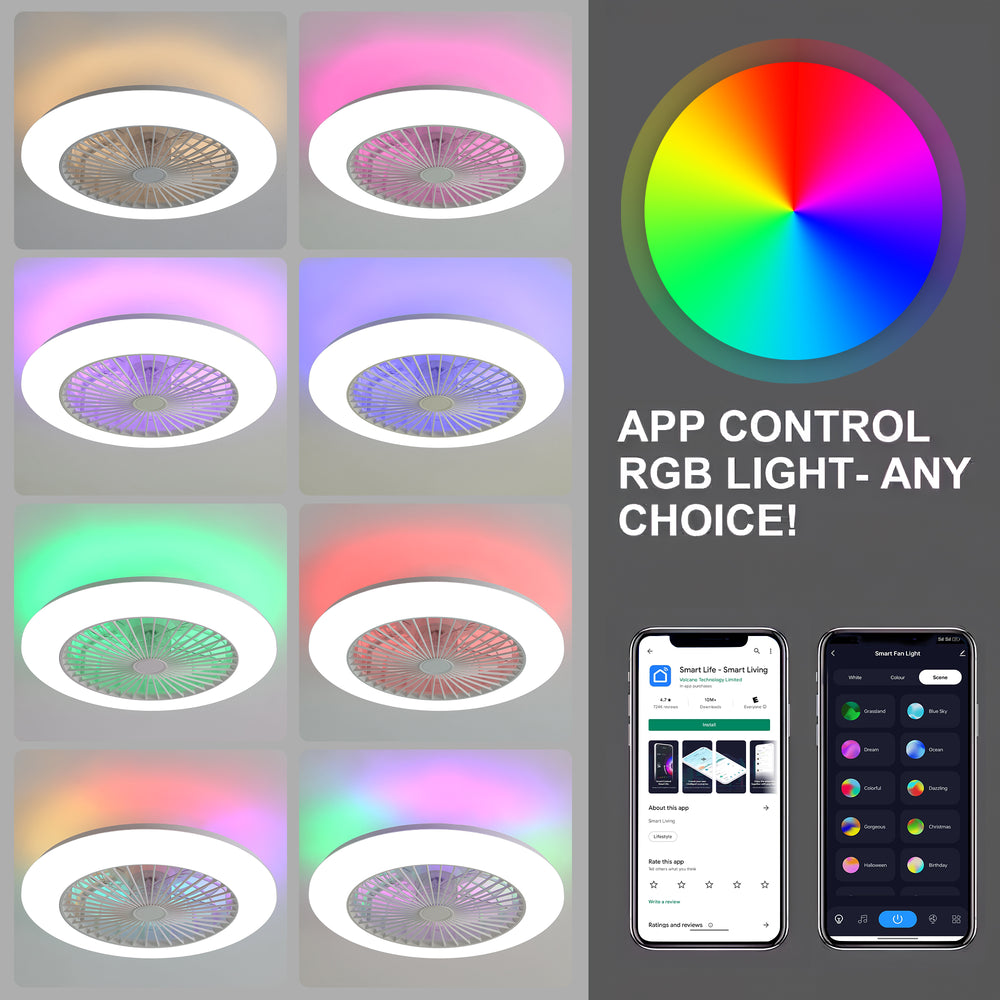 19 Inch Enclosed Low Profile RGB Ceiling Fan Works with Alexa/Google/APP