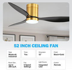 52 Inch 3-Blade Flush Mount LED Ceiling Fan with Light Remote