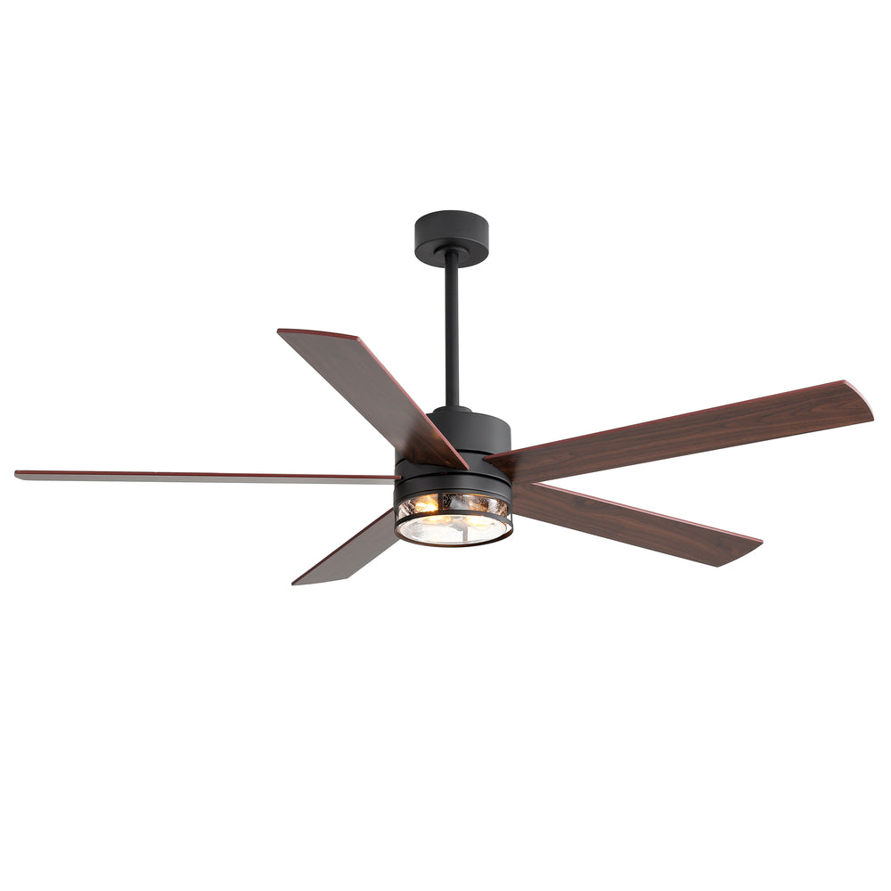 Farmhouse 65-inch Ceiling Fan with Light and Remote, Matte Black Finish, 5 Reversible Blades(Dark Wood Grain & Light Wood Grain), 6-Speed Quiet DC Motor, Dual Downrods (7" & 15"), Glass Lampshade, 2 × E26 Base LED Bulbs Required