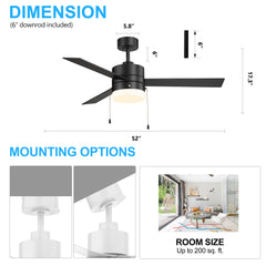 52-Inch 3-Blade Ceiling Fan with LED Light,Pull Chain and 6in Downrod Included