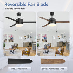 52-Inch 3 Reversible Blades Ceiling Fan with LED Light,Pull Chain and 6" Downrod Included