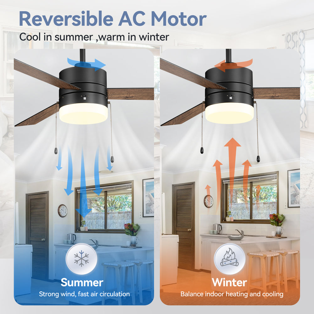 52-Inch 3 Reversible Blades Ceiling Fan with LED Light,Pull Chain and 6" Downrod Included