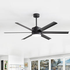 60in Matte Black Modern 6-Blade LED Ceiling Fan with Light and Remote,6in and 12in Downrod Included