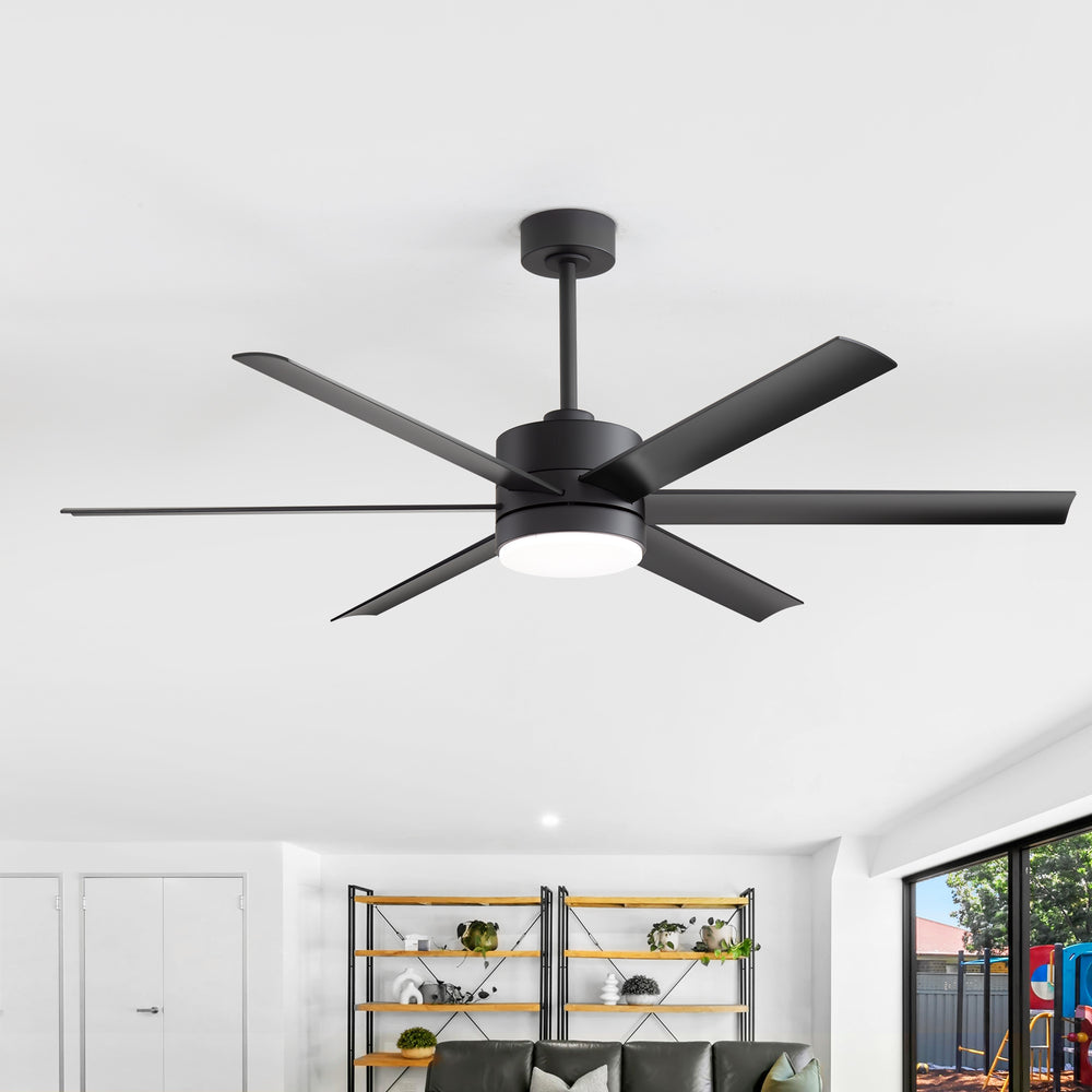 60-in Matte Black Modern 6-Blade LED Ceiling Fan with Light and Remote,6” and 12” Downrod Included