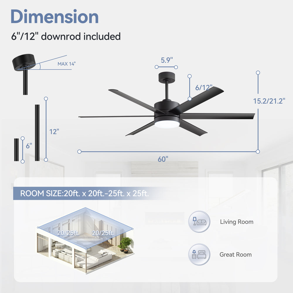 60-in Matte Black Modern 6-Blade LED Ceiling Fan with Light and Remote,6” and 12” Downrod Included