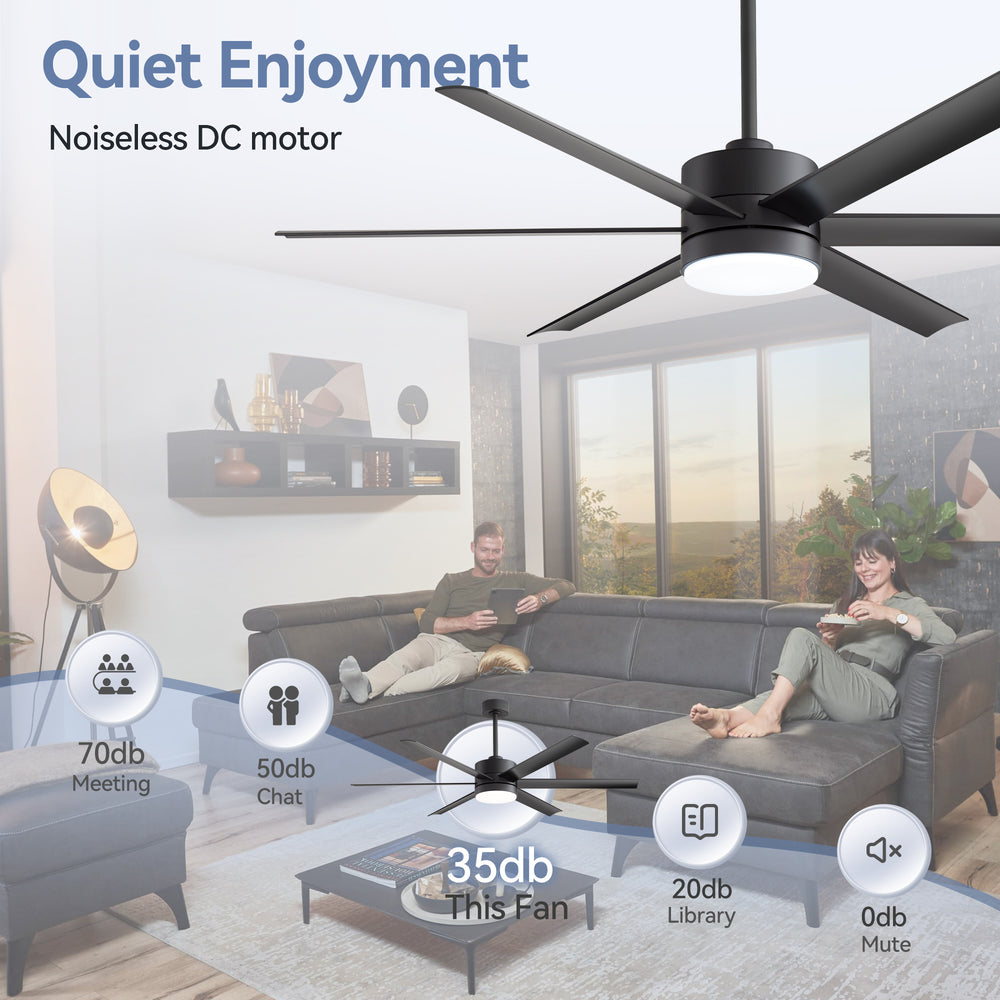 60-in Matte Black Modern 6-Blade LED Ceiling Fan with Light and Remote,6” and 12” Downrod Included