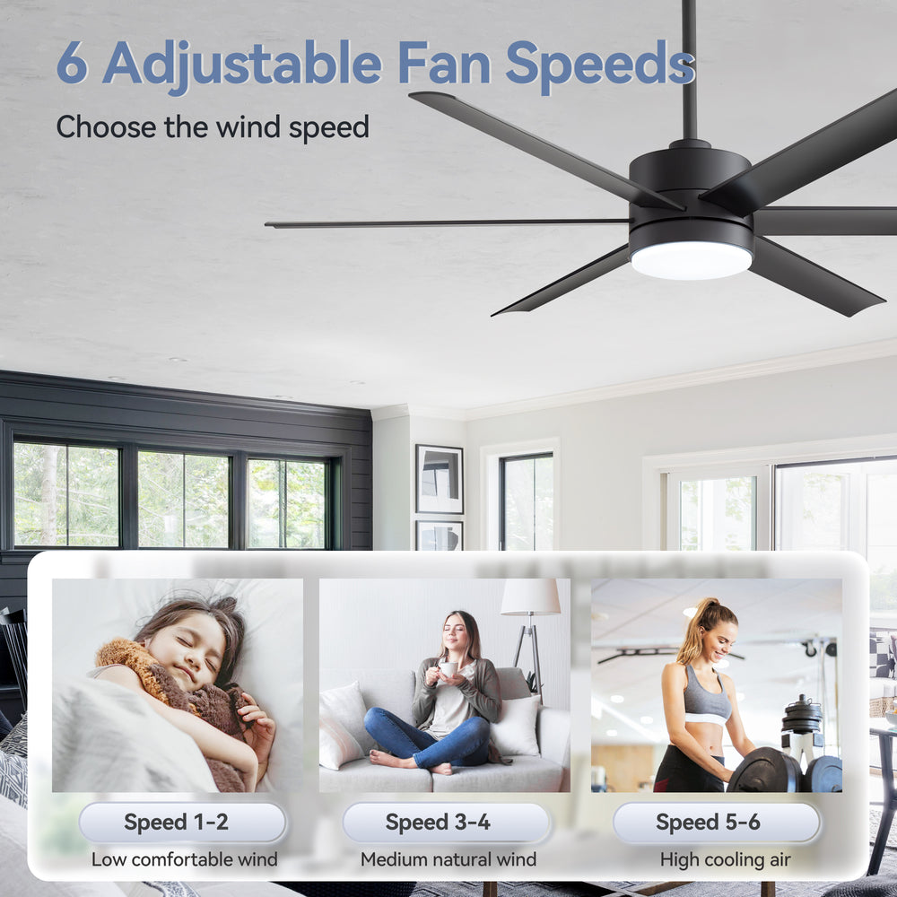 60-in Matte Black Modern 6-Blade LED Ceiling Fan with Light and Remote,6” and 12” Downrod Included
