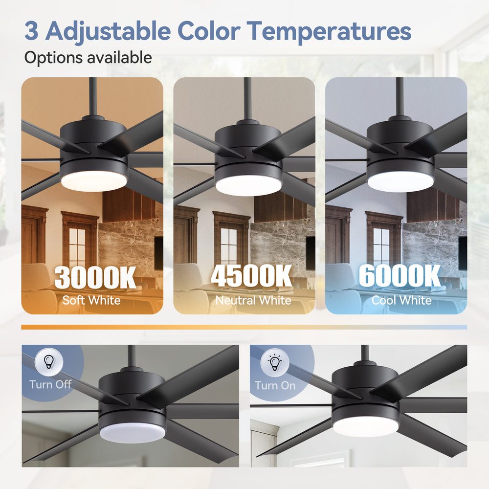 60-in Matte Black Modern 6-Blade LED Ceiling Fan with Light and Remote,6” and 12” Downrod Included