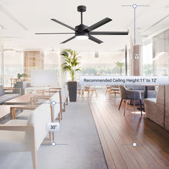 60in Matte Black Modern 6-Blade LED Ceiling Fan with Light and Remote,6in and 12in Downrod Included