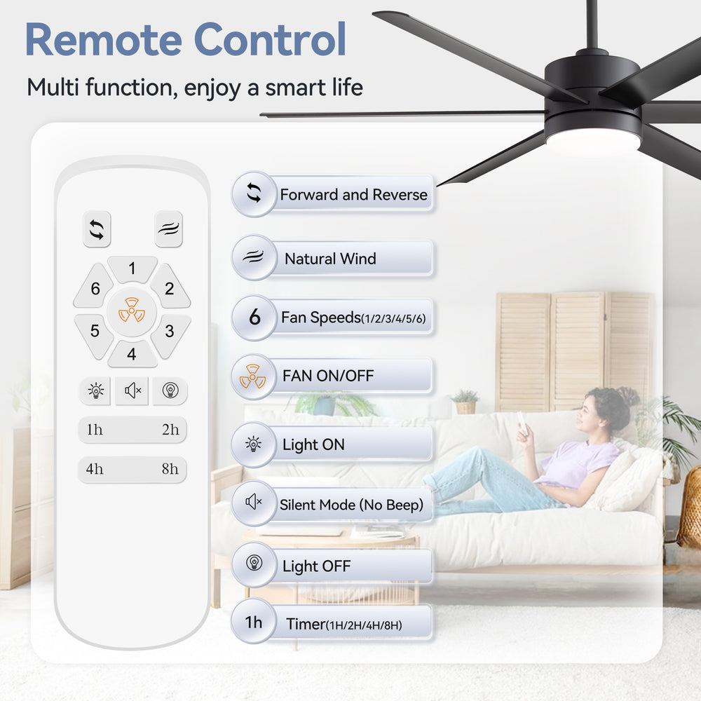 60-in Matte Black Modern 6-Blade LED Ceiling Fan with Light and Remote,6” and 12” Downrod Included