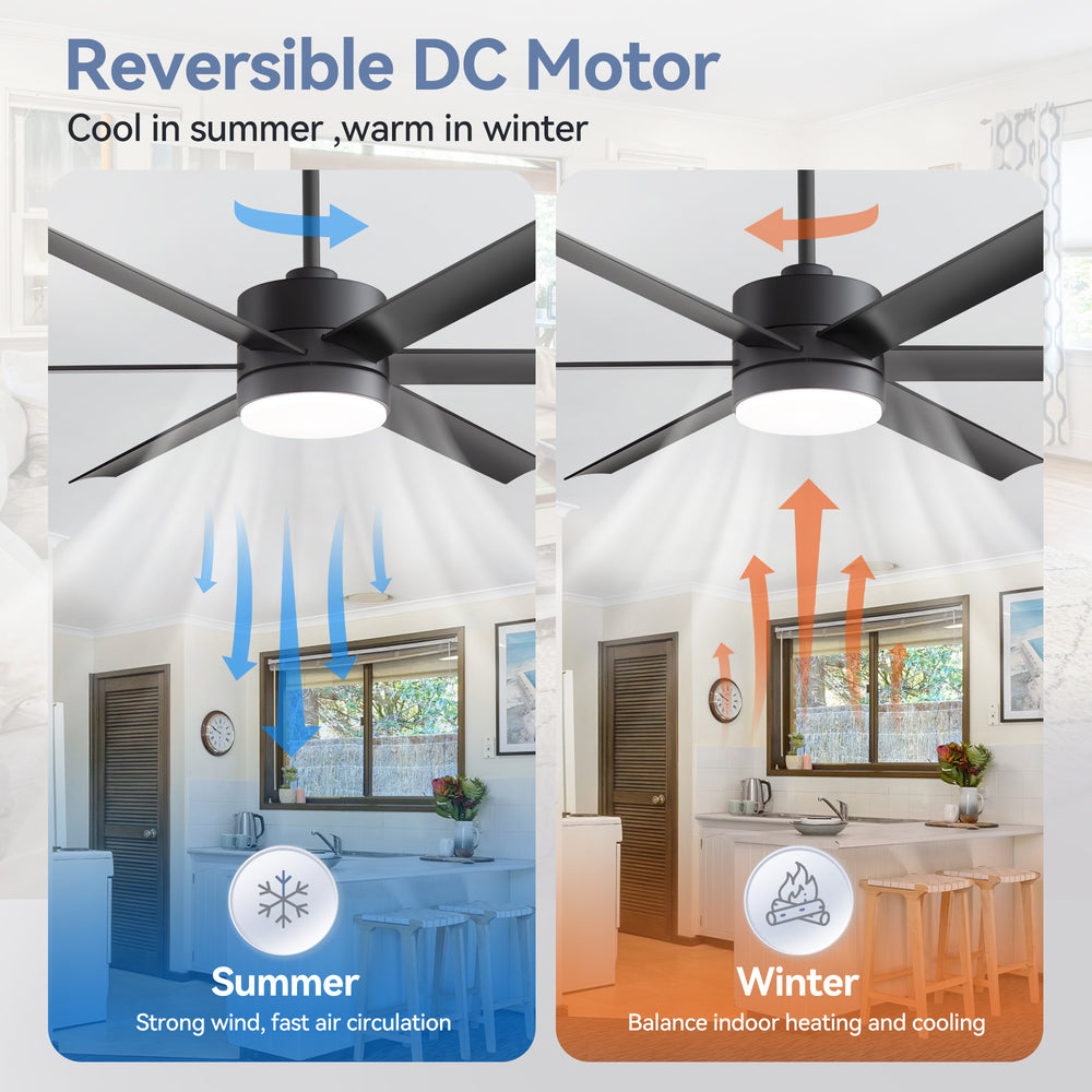 60-in Matte Black Modern 6-Blade LED Ceiling Fan with Light and Remote,6” and 12” Downrod Included