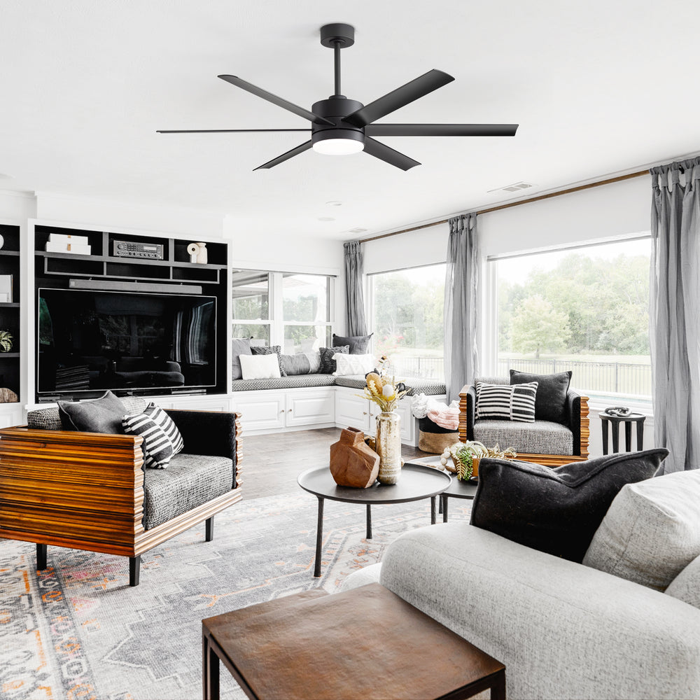 60-in Matte Black Modern 6-Blade LED Ceiling Fan with Light and Remote,6” and 12” Downrod Included