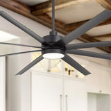 AeroSpan 84-inch 8-blade large black ceiling fan with LED light in a modern interior
