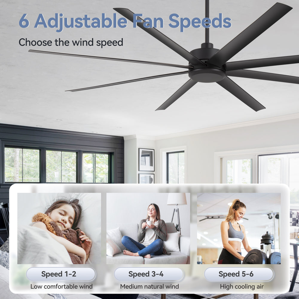 Large 84-inch 8-Blade Black Ceiling Fan with Remote without Light,6",12" and 24" Downrods Included